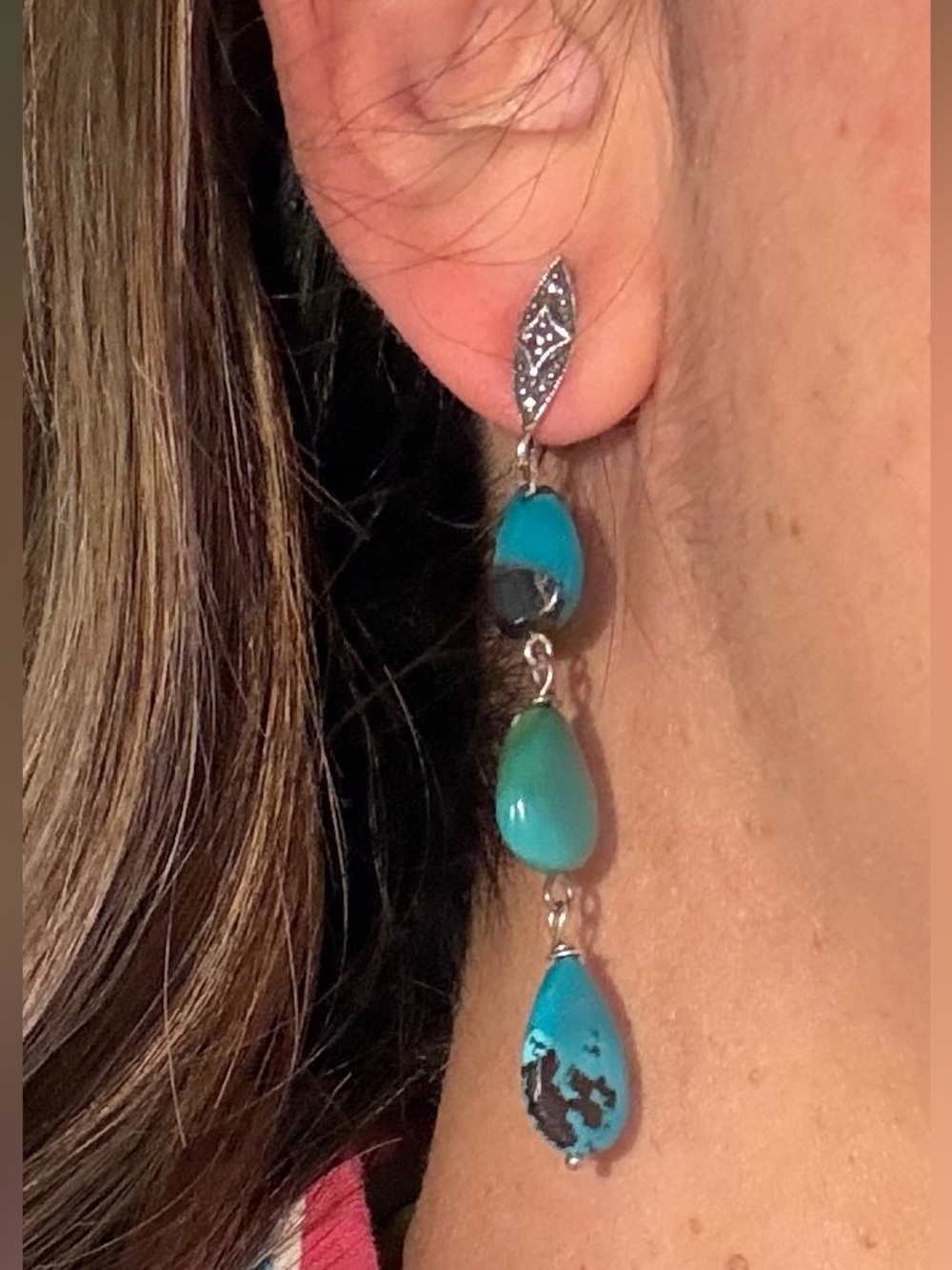 Gorgeous Native American Navajo Turquoise Marcasite Sterling 925 Drop Earrings - Picture 10 of 16